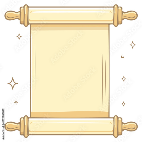 Empty cartoon parchment scroll with wooden handles and magical shimmering elements