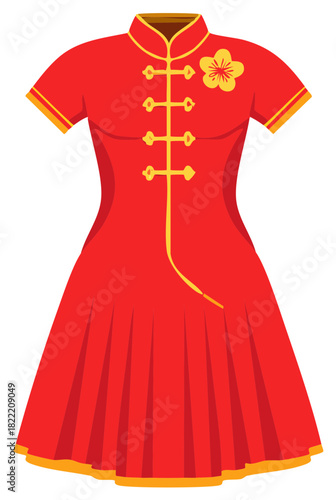 Traditional red Chinese Qipao dress with gold flower detail vector illustration