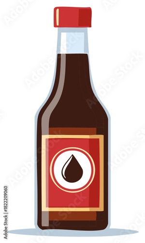 Bottle of dark liquid with red cap and label with graphic