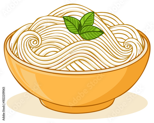 Cartoon bowl of delicious noodles with fresh green herb garnish