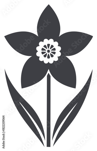 Narcissus flower simple silhouette of spring daffodil with leaves and stem in dark gray color