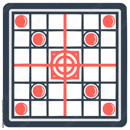 Strategic Board Game Vector Icon with Red Pieces and a Central Target Goal