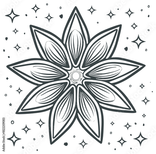 Delicate Outlined Floral Mandala with Elegant Geometric Starry Adornments, Intricate Petals and Graceful Simplicity