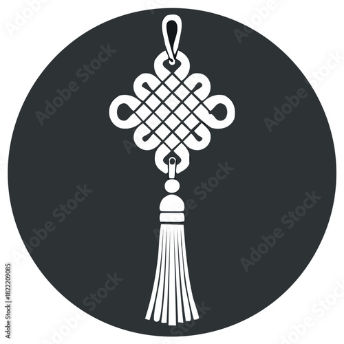 Chinese knot graphic with tassel on dark round background