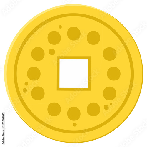 Golden Ancient Coin With Square Hole And Circular Decorations Isolated