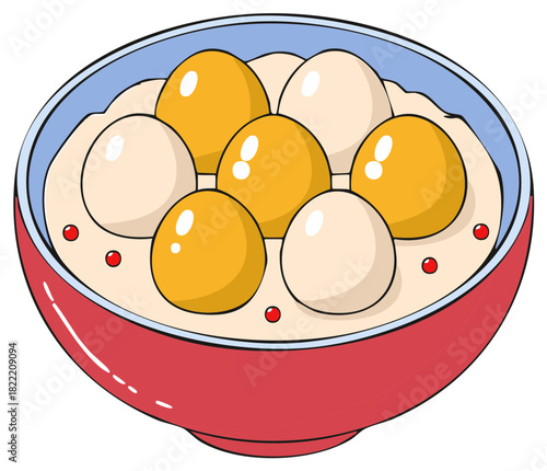 Hand-drawn illustration of a bowl filled with sweet dumplings and red berries