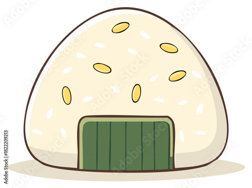 Traditional Onigiri, Japanese Rice Ball with Seaweed Filling and Sesame Seeds, Cute Cartoon Style