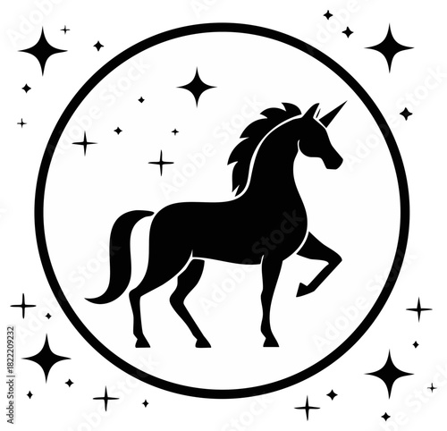 Stylized Silhouette Unicorn Within Celestial Circle Surrounded by Stars and Sparkles