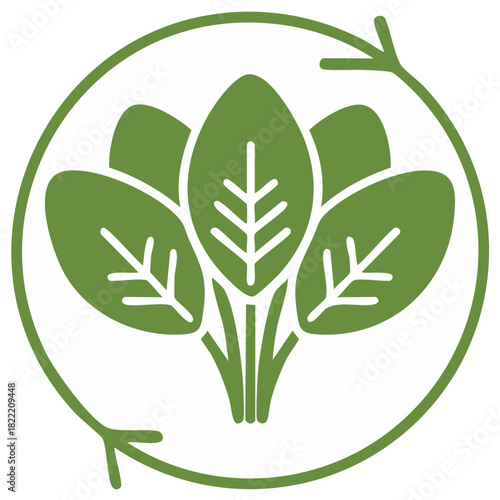 Fresh green spinach leaves illustration with a recycle symbol in a circle.