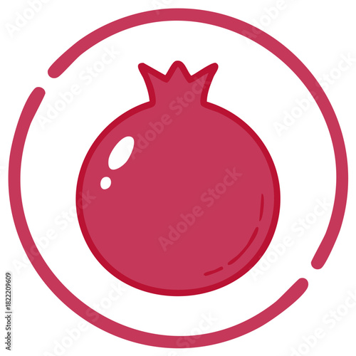 Ruby red pomegranate within a circle outline. Healthy fruit, freshness.