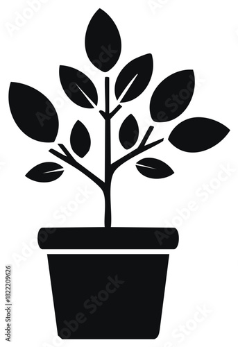 Potted Plant Icon: Indoor Leaves in Flowerpot - Black and White Design Element