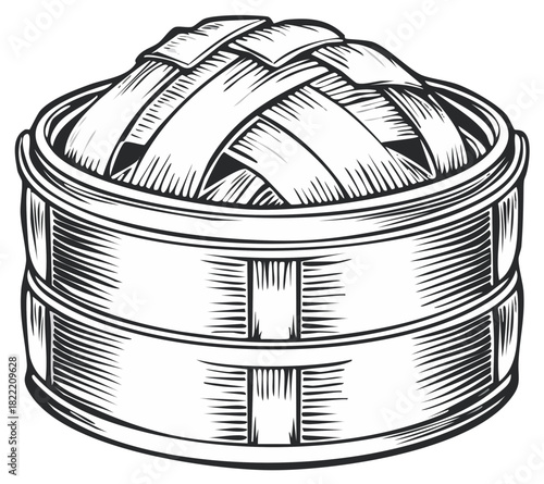 Traditional Asian Bamboo Steamer Basket for Dumplings and Dim Sum Outline Art