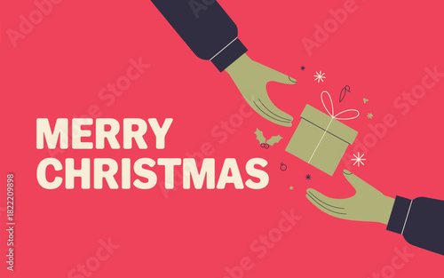 Merry christmas greeting card with hands exchanging a gift on a red background with festive elements