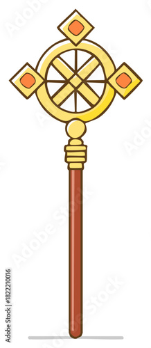 Ornate Pastoral Staff with Wheel Shape Topper for Symbolic Authority and Religious Imagery