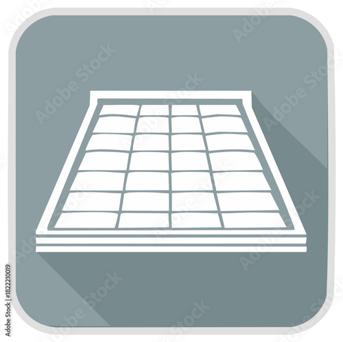 Stylized flat graphic icon of a solar panel with grid pattern and long shadow