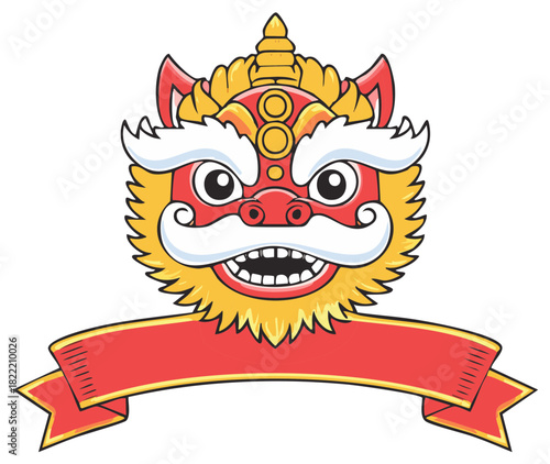 Cartoon Lion Head with Banner, Chinese Traditional Symbol, Festival Graphic