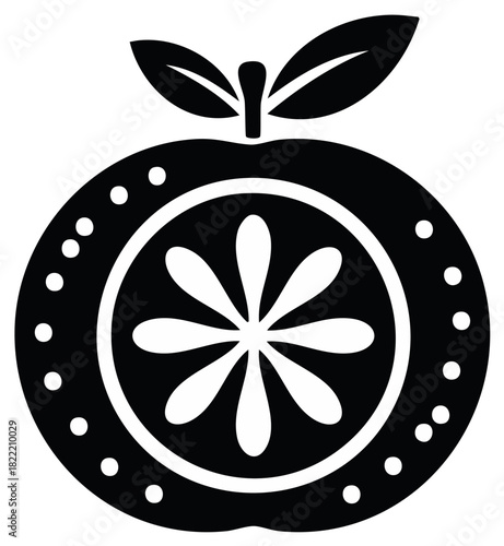 Stylized Orange Slice Icon with Leaves and Dot Border