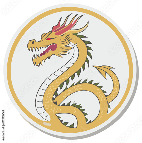 Golden Dragon Circular Design Featuring Scales, Horns, and Claws on a Pale Background
