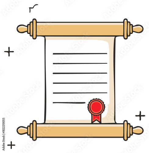 Cartoon illustration of an old parchment scroll with a red wax seal for a diploma or decree