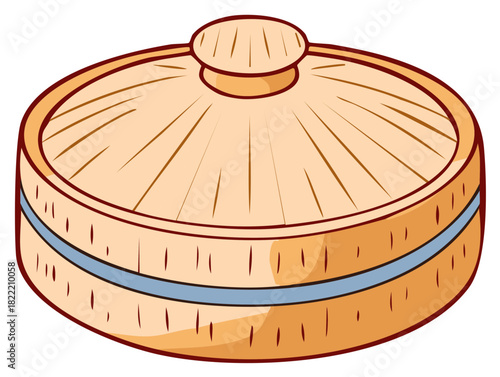 Round Box with Lid in Cartoon Style, Container for Storage with Line and Circle Designs, Packaging Illustration