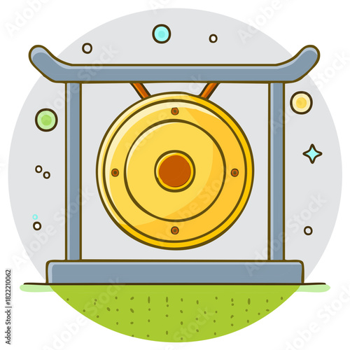 Golden Gong Hanging on Metal Stand with Geometric Ornaments and Green Grass Base Art