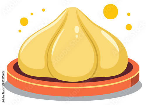 Cartoon illustration of a golden dumpling food on orange plate