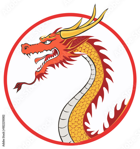 Chinese dragon illustration, traditional symbol of power and good luck, in a red circle