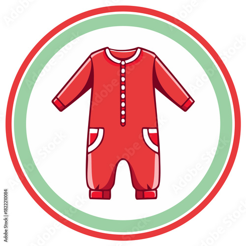 Red baby sleepsuit with white trim and buttons inside a green and red circular border