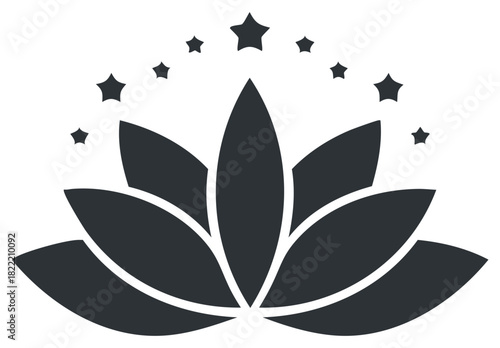 Lotus Flower Icon with Stars Above, Elegant Celestial Blossom Vector Symbol Design