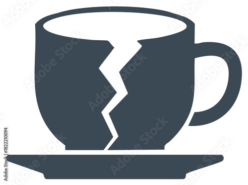 Broken cup illustration. Fractured crockery on a saucer. Concept of damage.