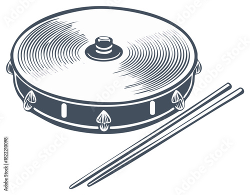 Classic woodcut illustration of a Brazilian Samba drum and drumsticks