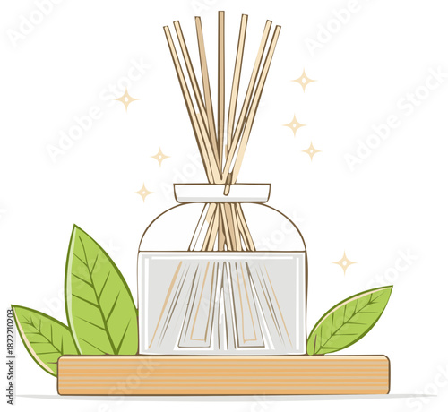 Aromatic reed diffuser illustration with essential oil, botanical leaves, and sparkling fragrance