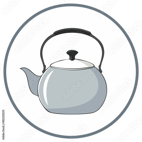 Illustration of a grey tea kettle for boiling water with a black handle and lid knob kitchen appliance