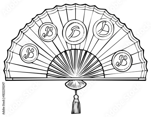 Traditional Asian fan with circular embellishments and tassel detail