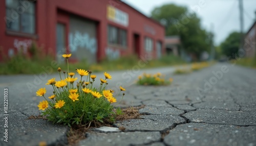 Fototapeta Naklejka Na Ścianę i Meble -  Small yellow flowers grow through cracked asphalt on a street with red buildings. Nature resilience overcomes, showing life persistence in unexpected places, a symbol of hope.