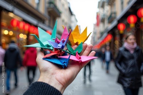 Fototapeta Naklejka Na Ścianę i Meble -  Close-up of woman's hand holding colorful origami paper cranes with busy city street backdrop.
