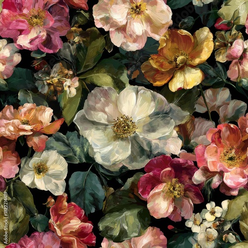 Seamless floral pattern with Antique White and Velvet Burgundy peonies amidst Deep Forest Green foliage in a vintage oil painting style