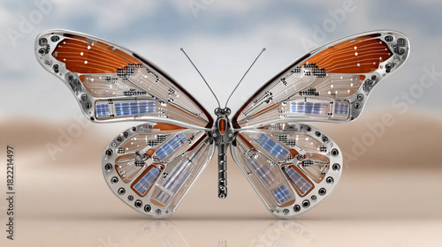 Futuristic robotic butterfly with transparent wings made of circuits and solar panels symbolizing technology and transformation, close-up