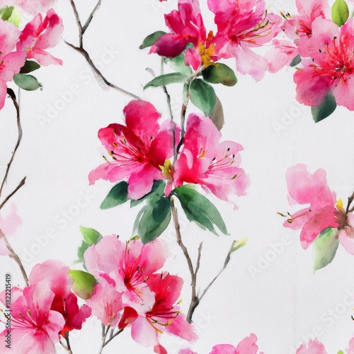 Seamless watercolor floral pattern featuring blooming azalea flowers in Fuchsia Pink, Crimson Red, and Leaf Green on a textured white background for fabric design