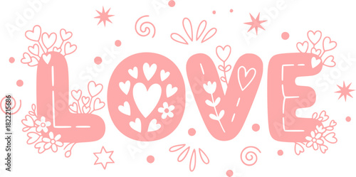 Colorful love text illustration with hearts and playful decorative elements vector illustration.
