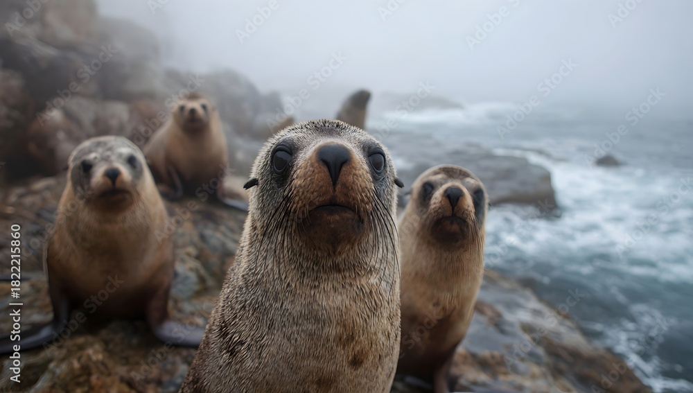Fototapeta premium Playful group of curious seals resting on rocky shores in misty coastal weather. Close-up wildlife shot capturing natural behavior and marine atmosphere, ideal for nature and adventure themes.