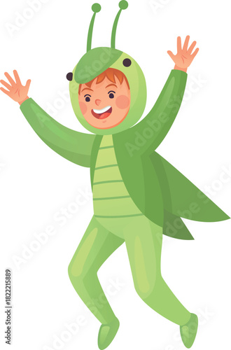 Funny boy in grasshopper costume jumping. Cheerful party kid
