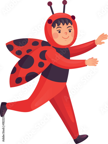 Running kid in masquerade ladybug costume. Cartoon child