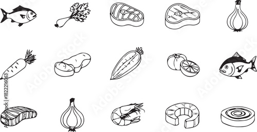 Diverse Collection of Hand-Drawn Food Ingredient Icons for Culinary Projects, Healthy Eating Graphics, and Recipe Design
