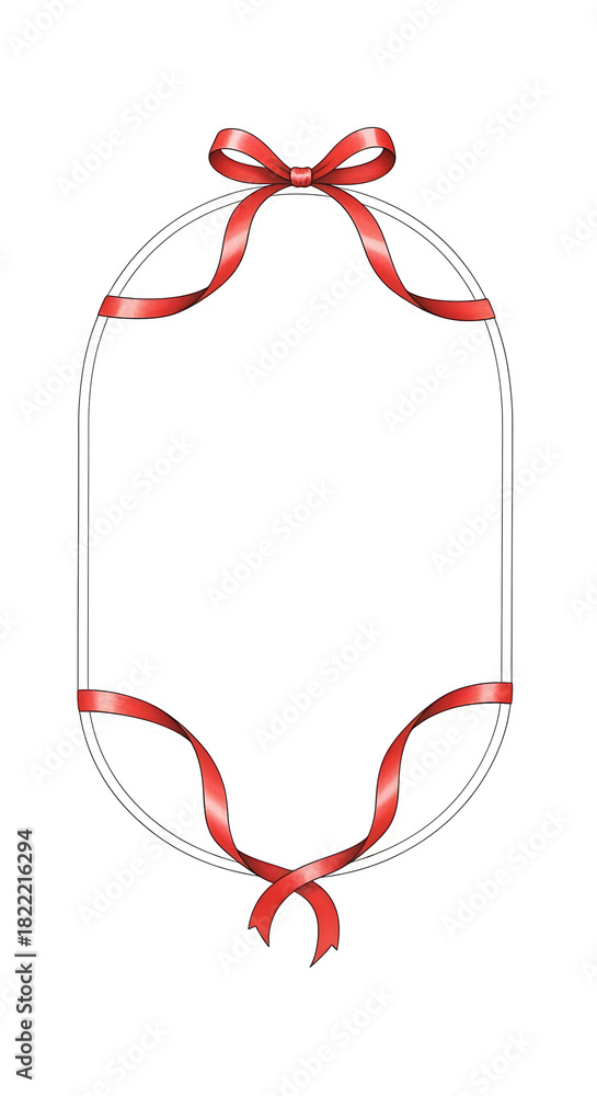 Fototapeta premium Elegant oval frame with a red ribbon tied in a bow, a perfect decorative design for invitations and greetings