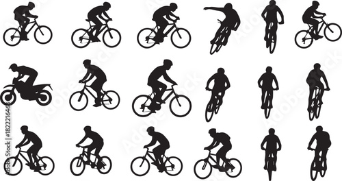 Collection of Various Cyclists' Silhouettes Road, Mountain, and Motorbike Riders in Action
