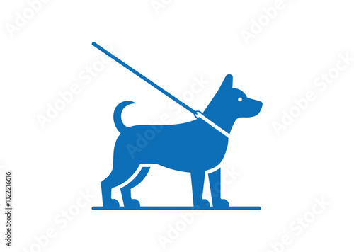 A blue silhouette of a dog on a leash stands on a white background, ready for a walk.