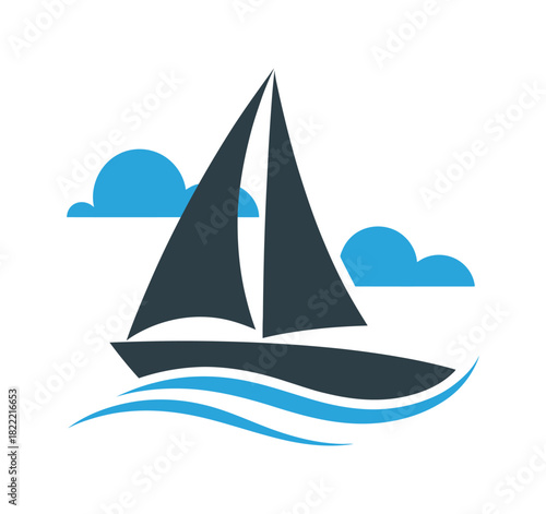 A graphic illustration of a dark blue sailboat with two sails moving across blue waves under a sky with two blue clouds.
