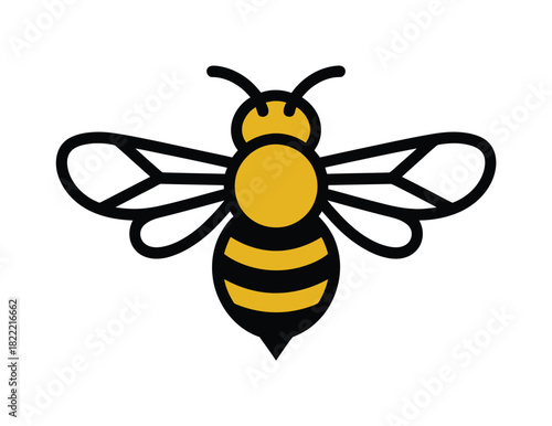 A stylized illustration of a yellow and black bee with its wings spread wide.
