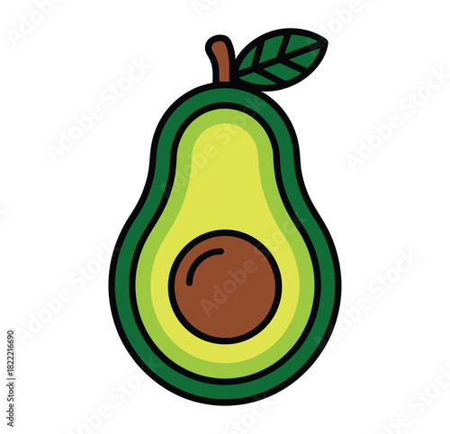 A halved avocado with a pit and a leaf is depicted against a white background.